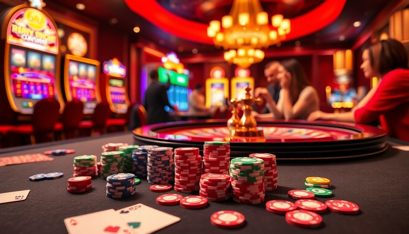 Experience the excitement of OK8386 with vibrant casino games, colorful poker chips, and an engaging roulette wheel.