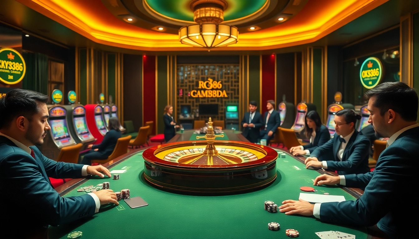Experience high-stakes gaming in the luxurious casino ambiance of OK8386 with engaged players and roulette.