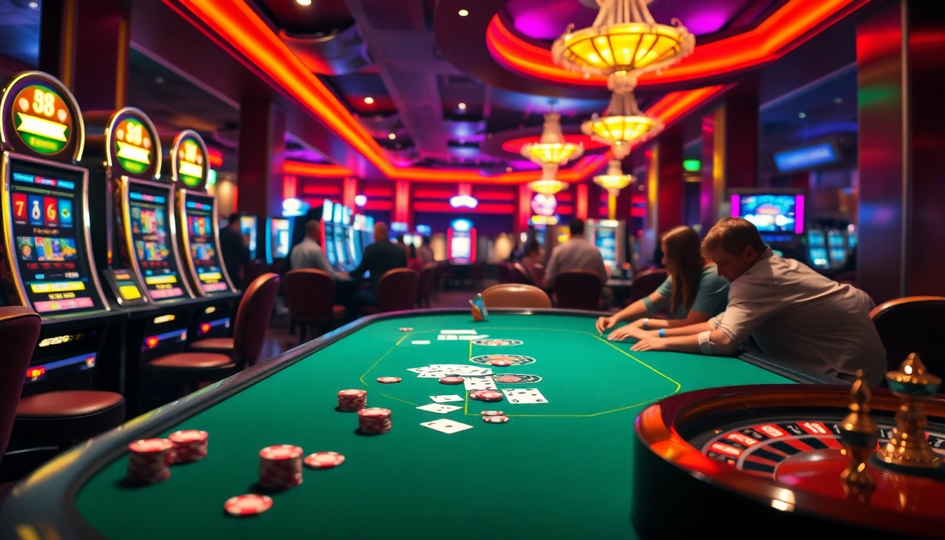 Exciting Jun88 casino gaming scene with players at a poker table and vibrant slot machines.