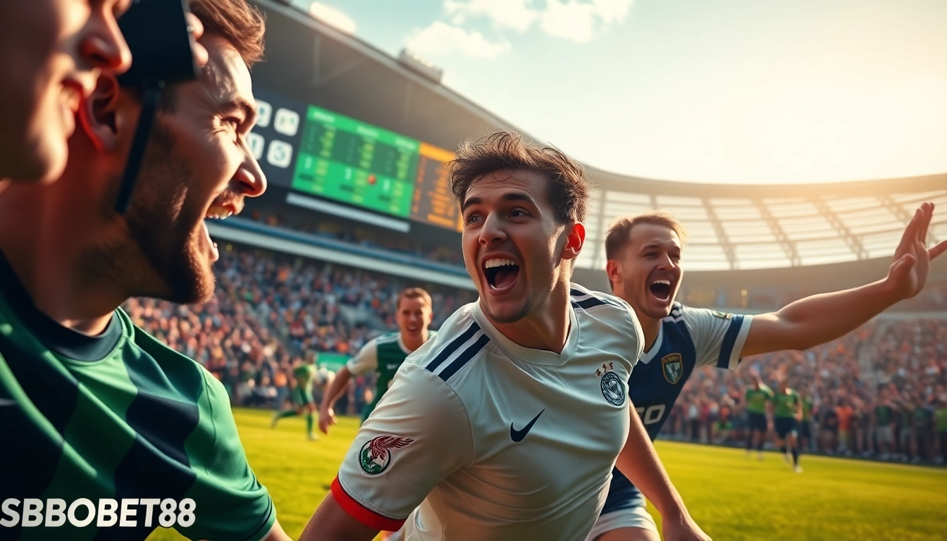 Menggambarkan SBOBET88 dalam suasana taruhan sepakbola yang dinamis dan penuh semangat.