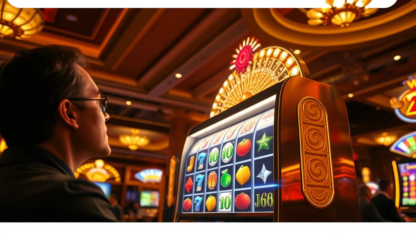 Menangkan Slot Game dengan mesin slot berwarna cerah dan suasana kasino yang ramai.