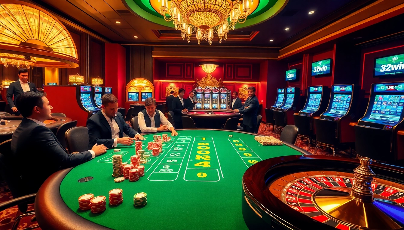 Exciting casino scene featuring poker action, slot machines, and branding with 32win.
