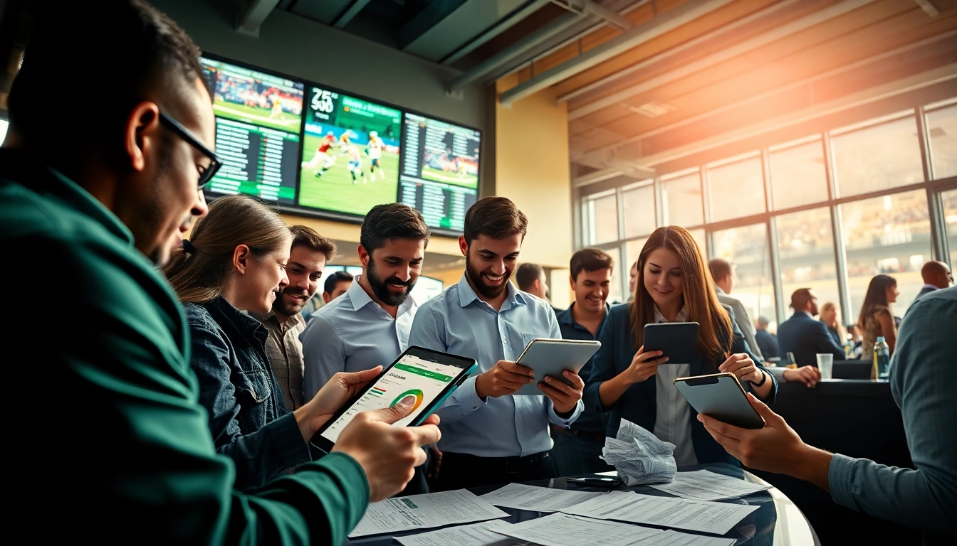 Engaged bettors participating in Sports Betting while analyzing odds and strategies.