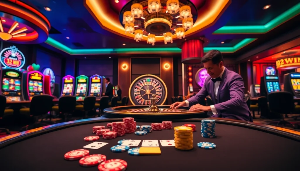 Exciting atmosphere of 32WIN casino with poker table and vibrant slot machines.