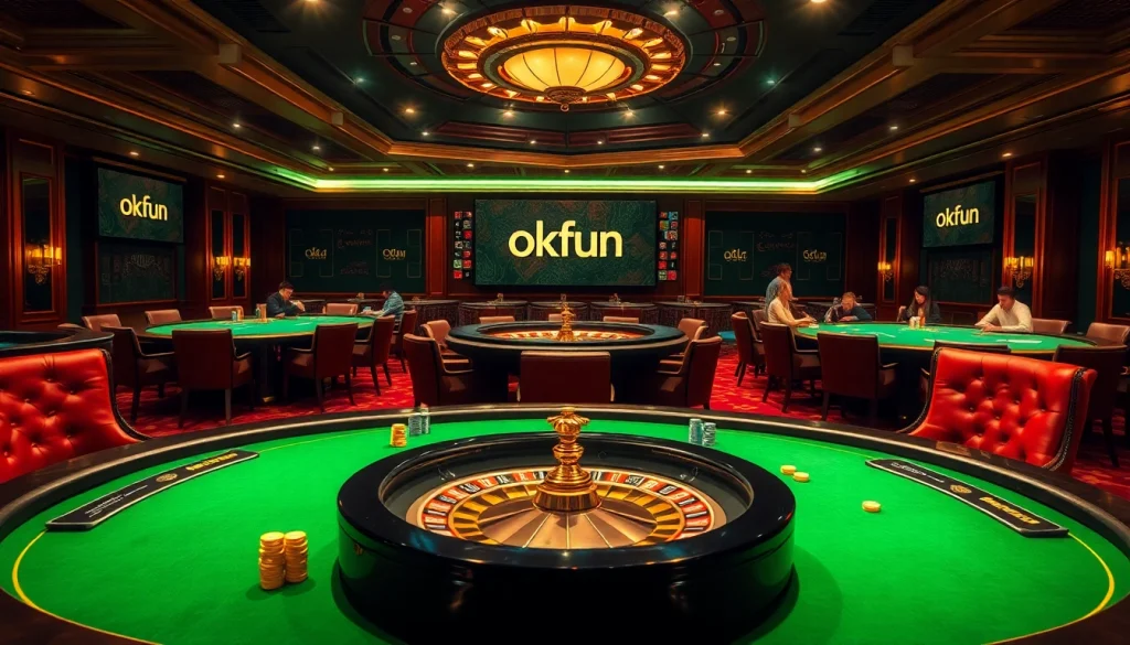 Bettors enjoying a high-stakes game at Okfun casino with luxurious tables and vibrant ambiance.