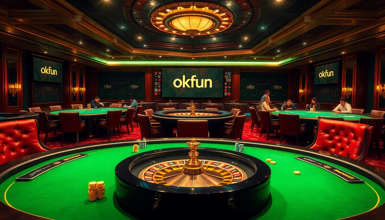 Bettors enjoying a high-stakes game at Okfun casino with luxurious tables and vibrant ambiance.