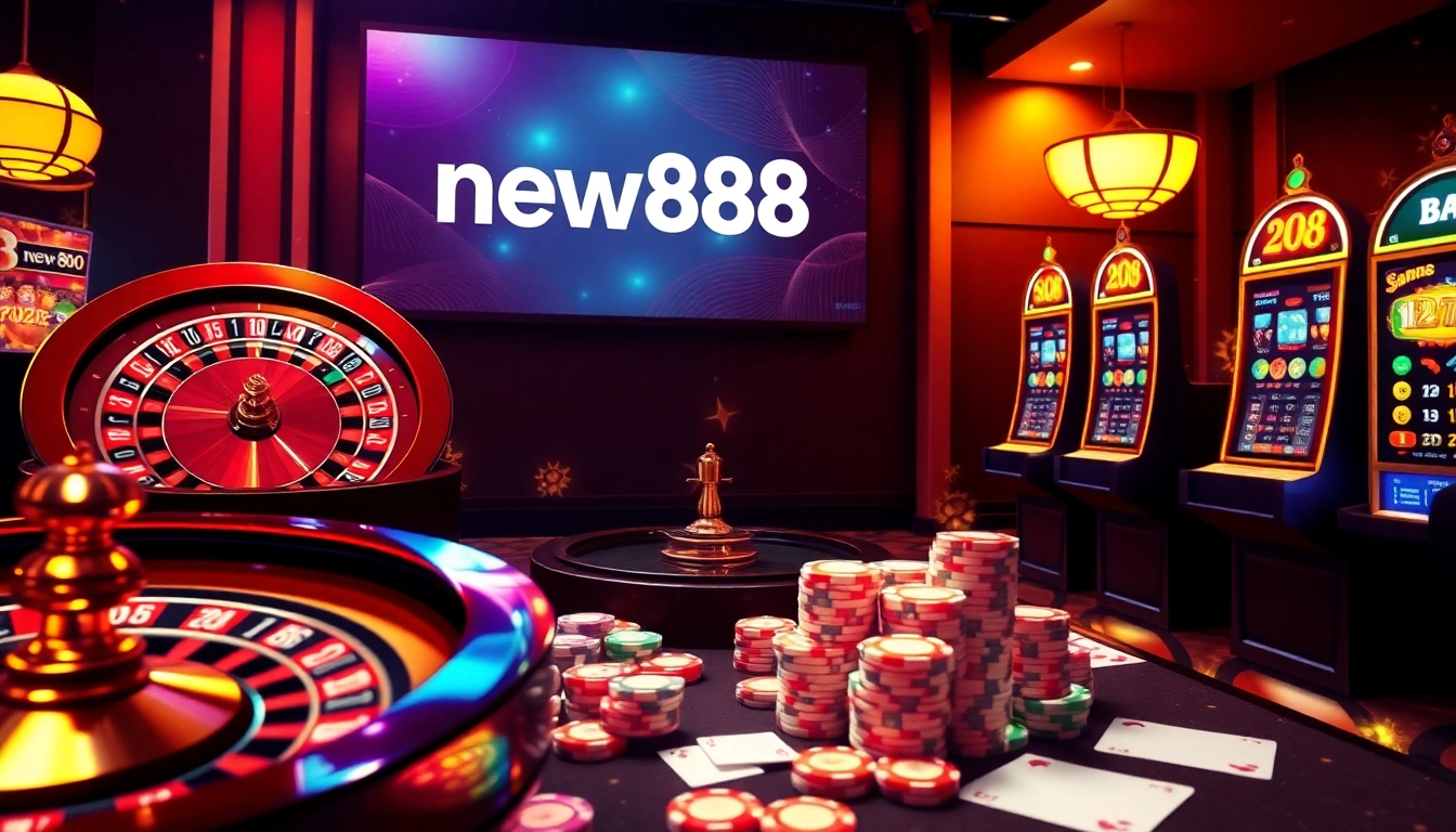 Experienced gamblers enjoy gambling excitement at new888's online casino interface featuring vibrant slot machines and roulette.