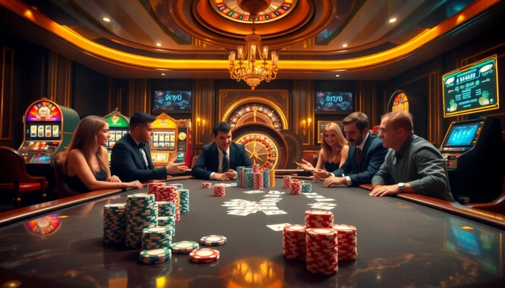 Engaging players at jun88.rodeo enjoy poker with colorful chips and cards in a luxurious casino.