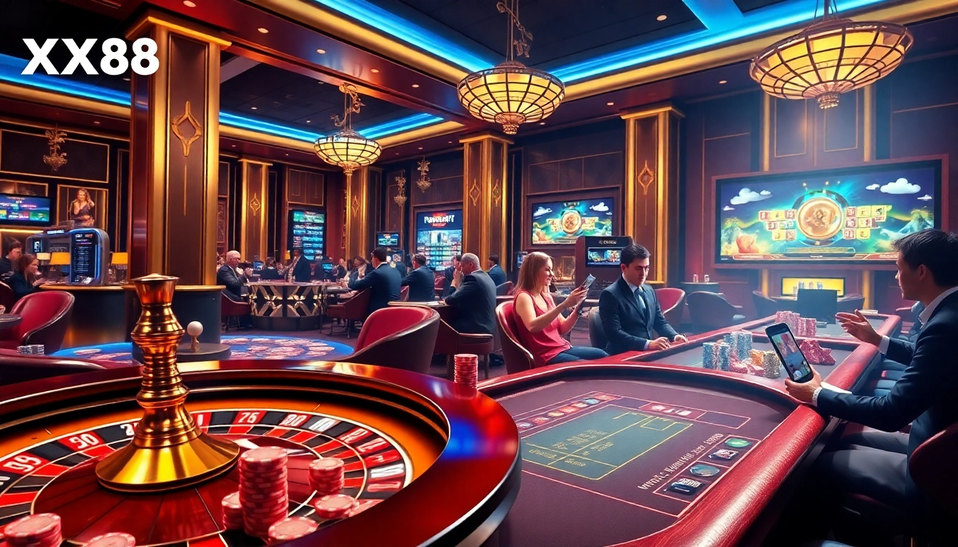 Engaging players at a luxury casino highlighting XX88 with roulette and poker elements.