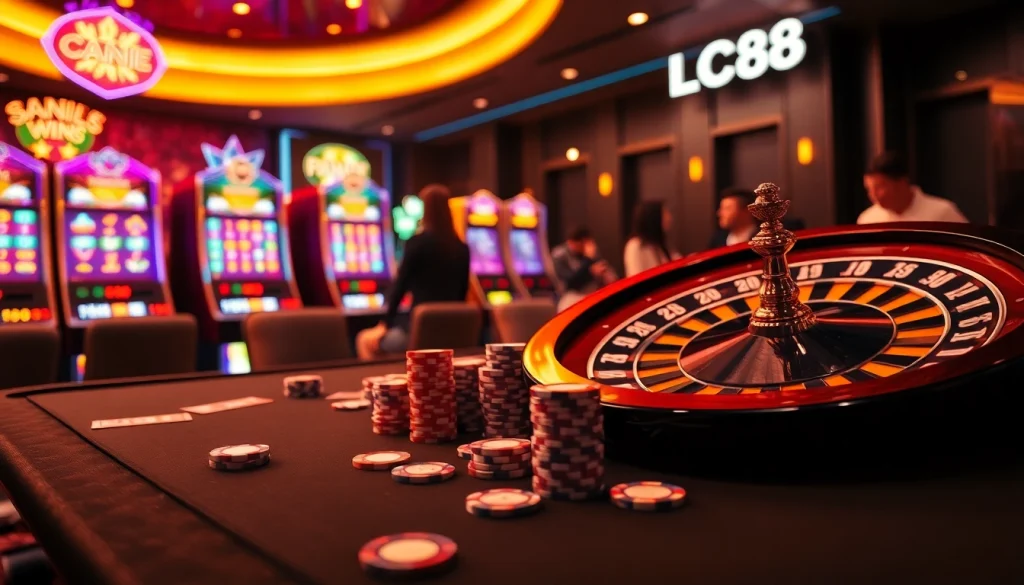 Experience the excitement of LC88's vibrant casino scene with poker chips and slot machines.