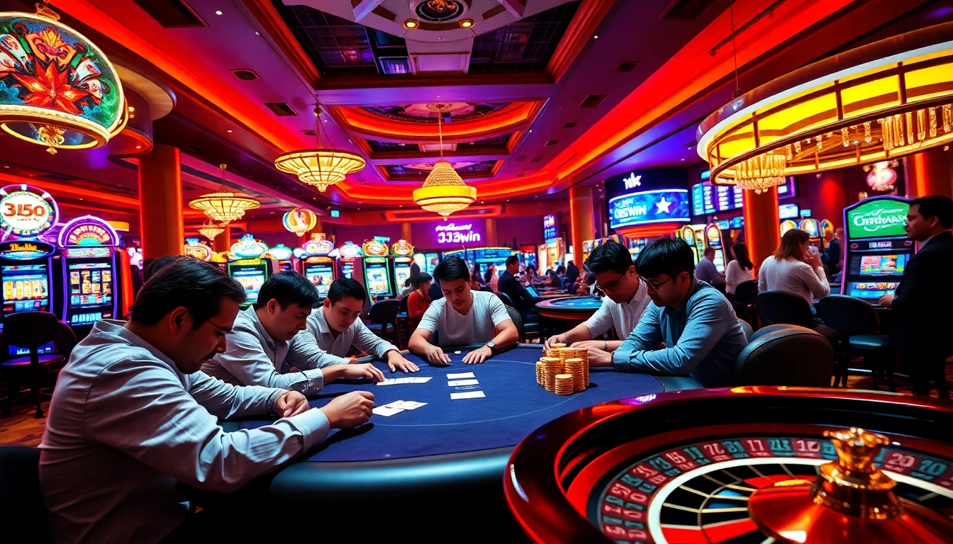 Exciting players engage at the 13win casino poker table, surrounded by vibrant lights.