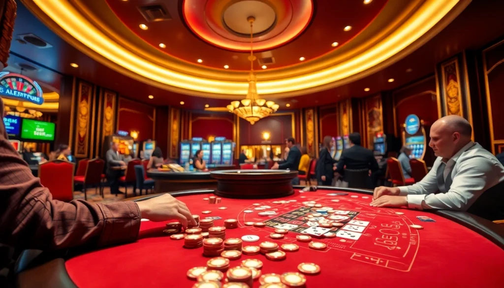 Players strategizing at the win55 casino table, engaging with cards and chips.