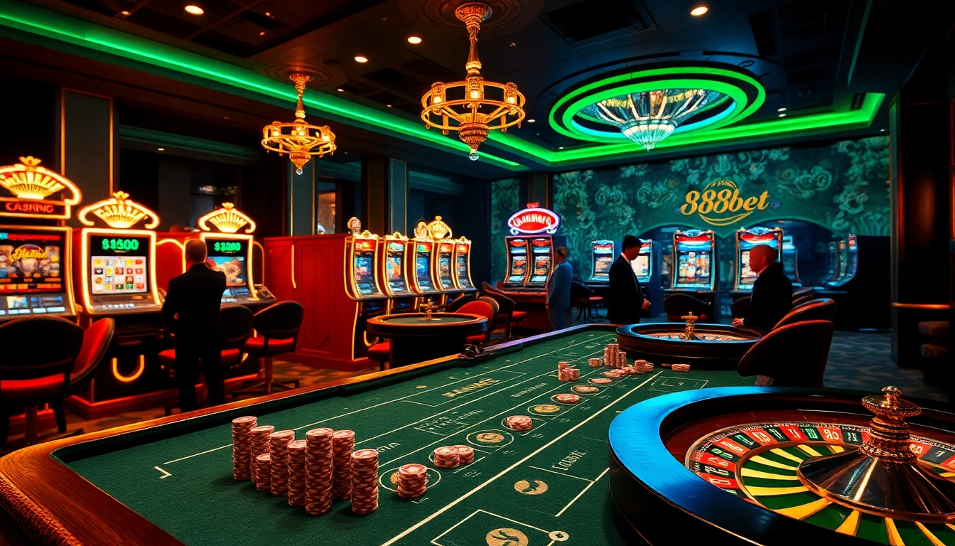 88bet gaming table with poker chips and slot machines in an elegant casino setting.