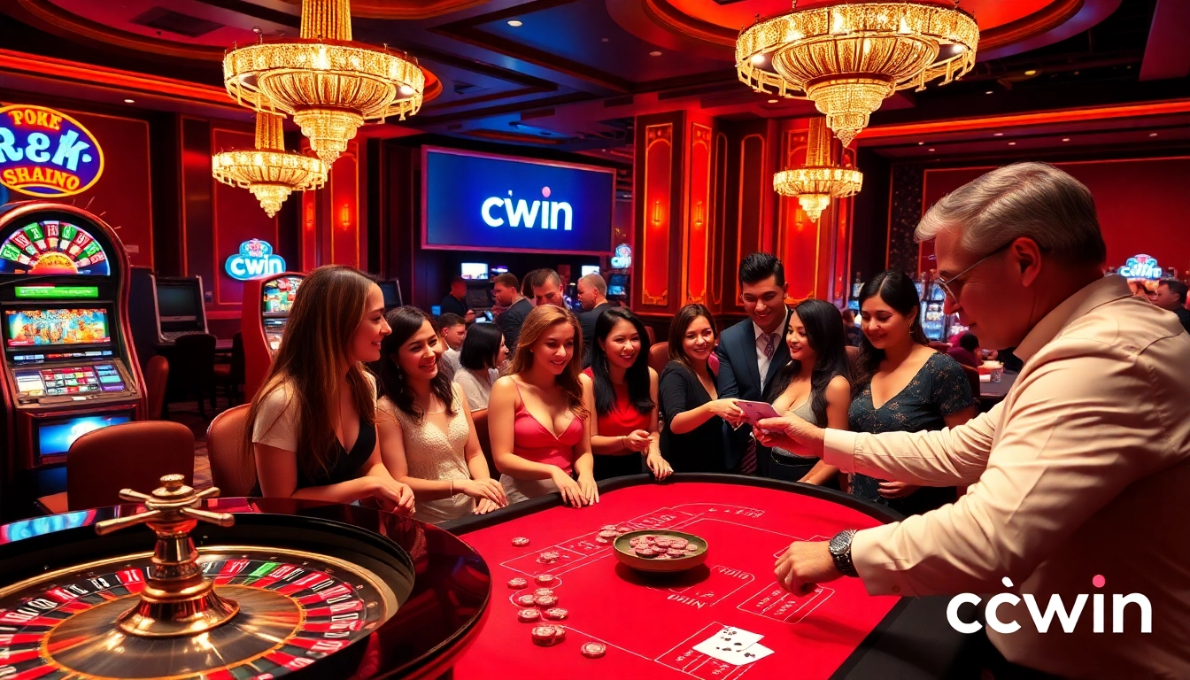 Experience the excitement of cwin at a vibrant casino with players enjoying poker and roulette.