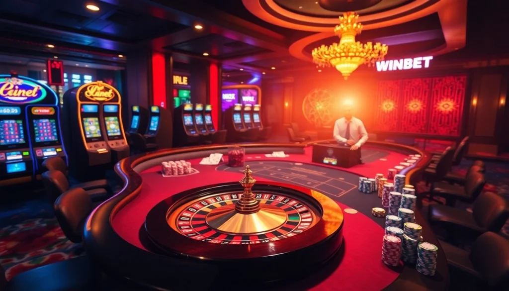 WINBET casino scene featuring elegant roulette, blackjack, and dynamic gaming atmosphere.