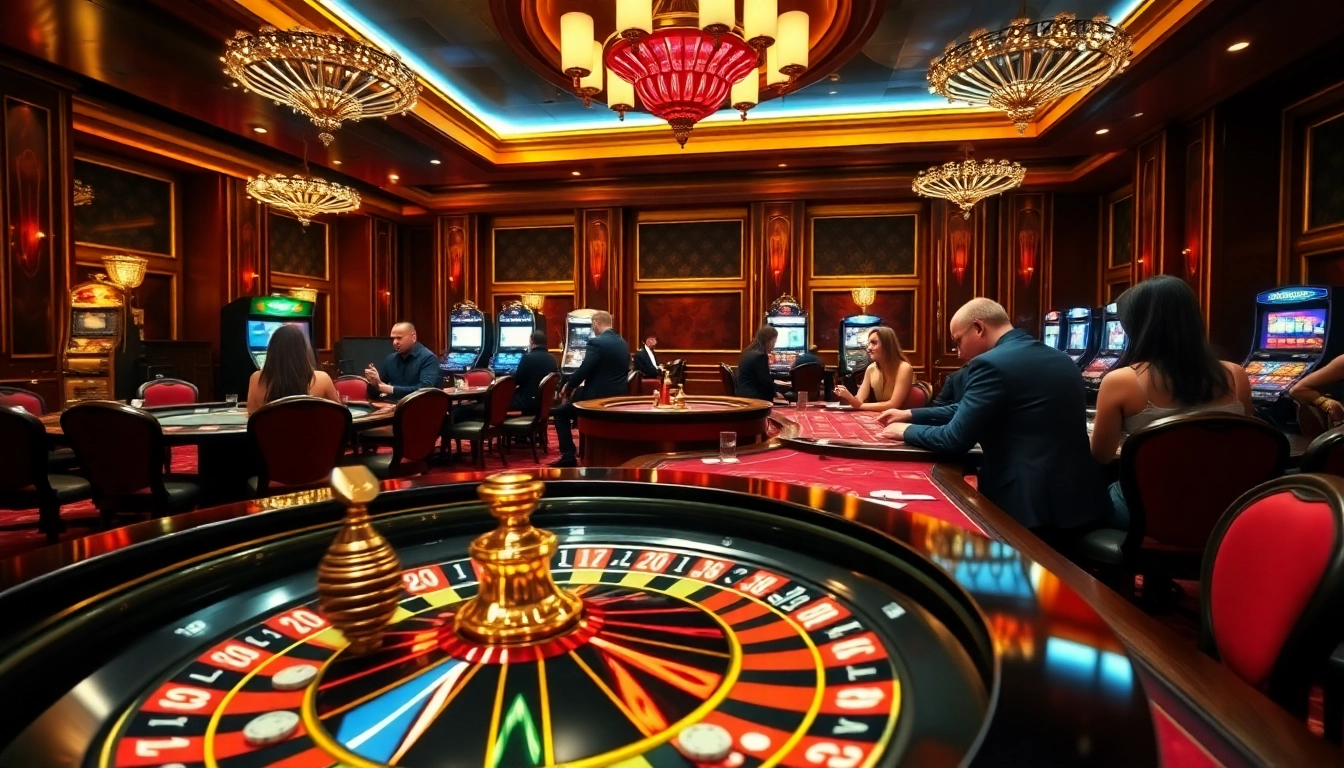 Engaging gamblers at a luxurious casino scene featuring roulette and poker tables connected to neu88.