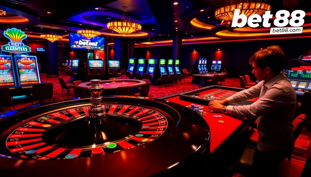 Experience the excitement of bet88.com with high-stakes poker chips and a spinning roulette wheel.