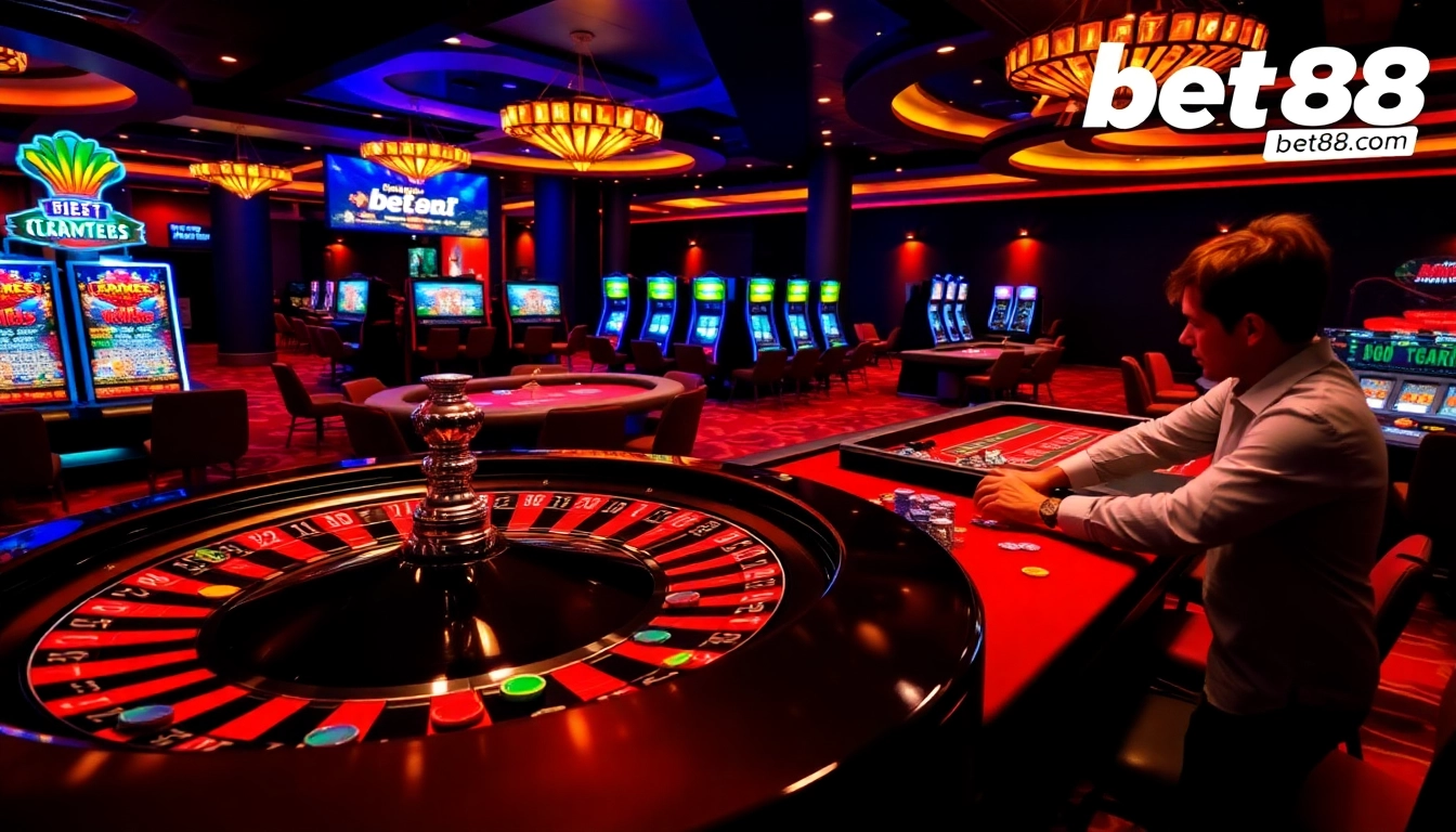 Experience the excitement of bet88.com with high-stakes poker chips and a spinning roulette wheel.