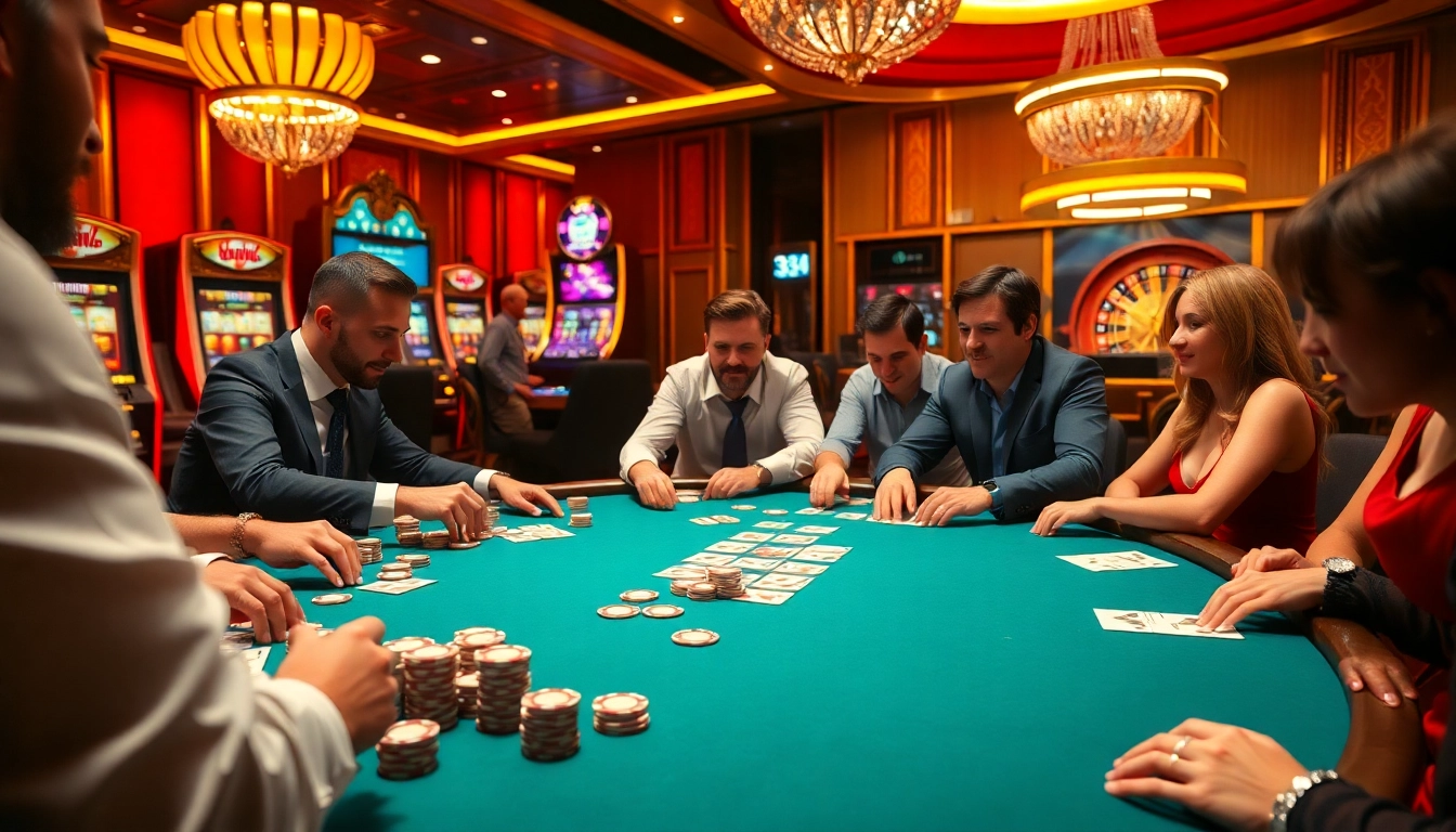 Engaged gamblers at a high-stakes poker table showcasing the thrill of playing 33win.