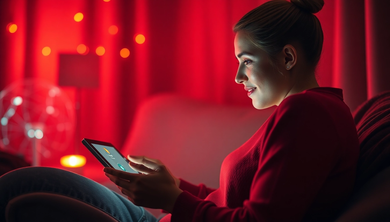 Engaging user in sex AI chat on a tablet, cozy digital setting with ambient lighting.