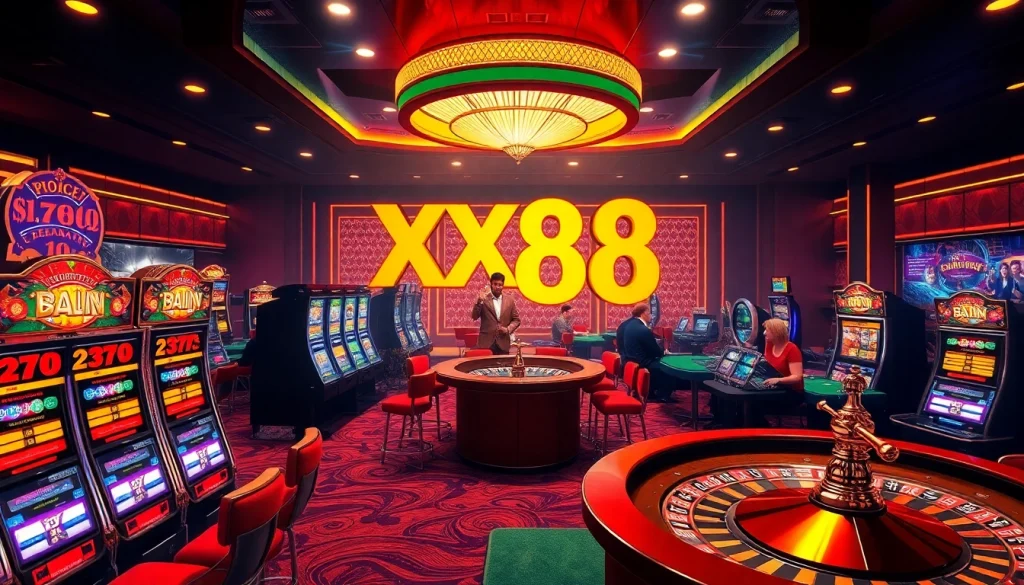 Exciting gambling scene at xx88 casino with vibrant slot machines and poker tables.
