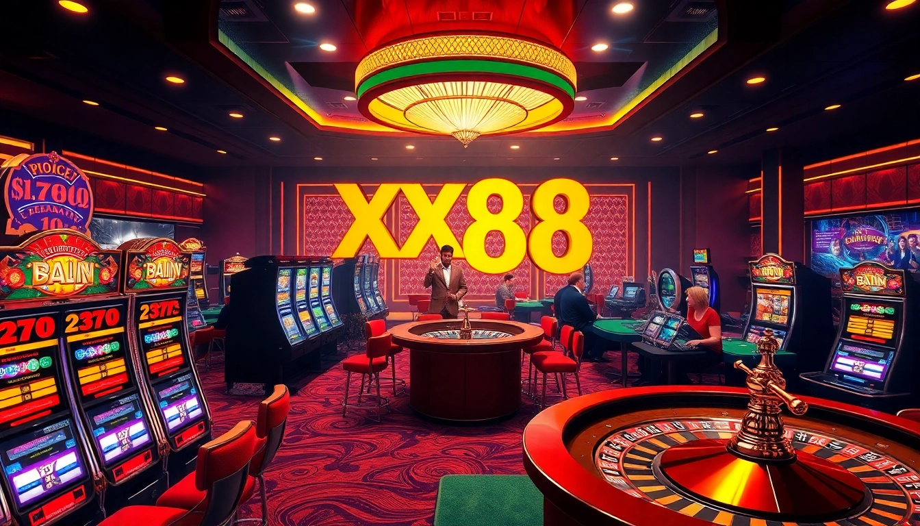 Exciting gambling scene at xx88 casino with vibrant slot machines and poker tables.