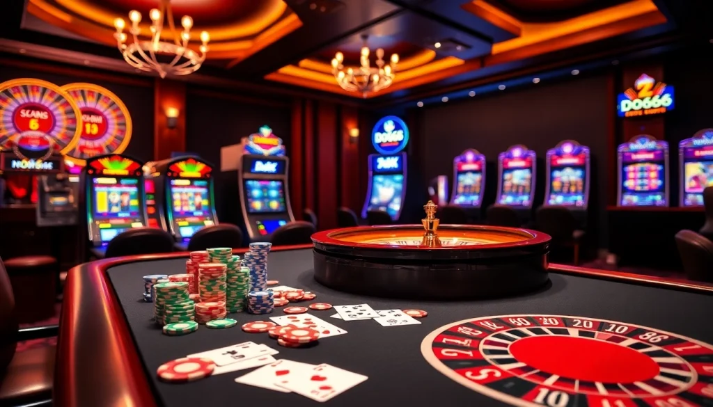 Engage in exciting gameplay at Do666's vibrant casino tables filled with poker chips and cards.