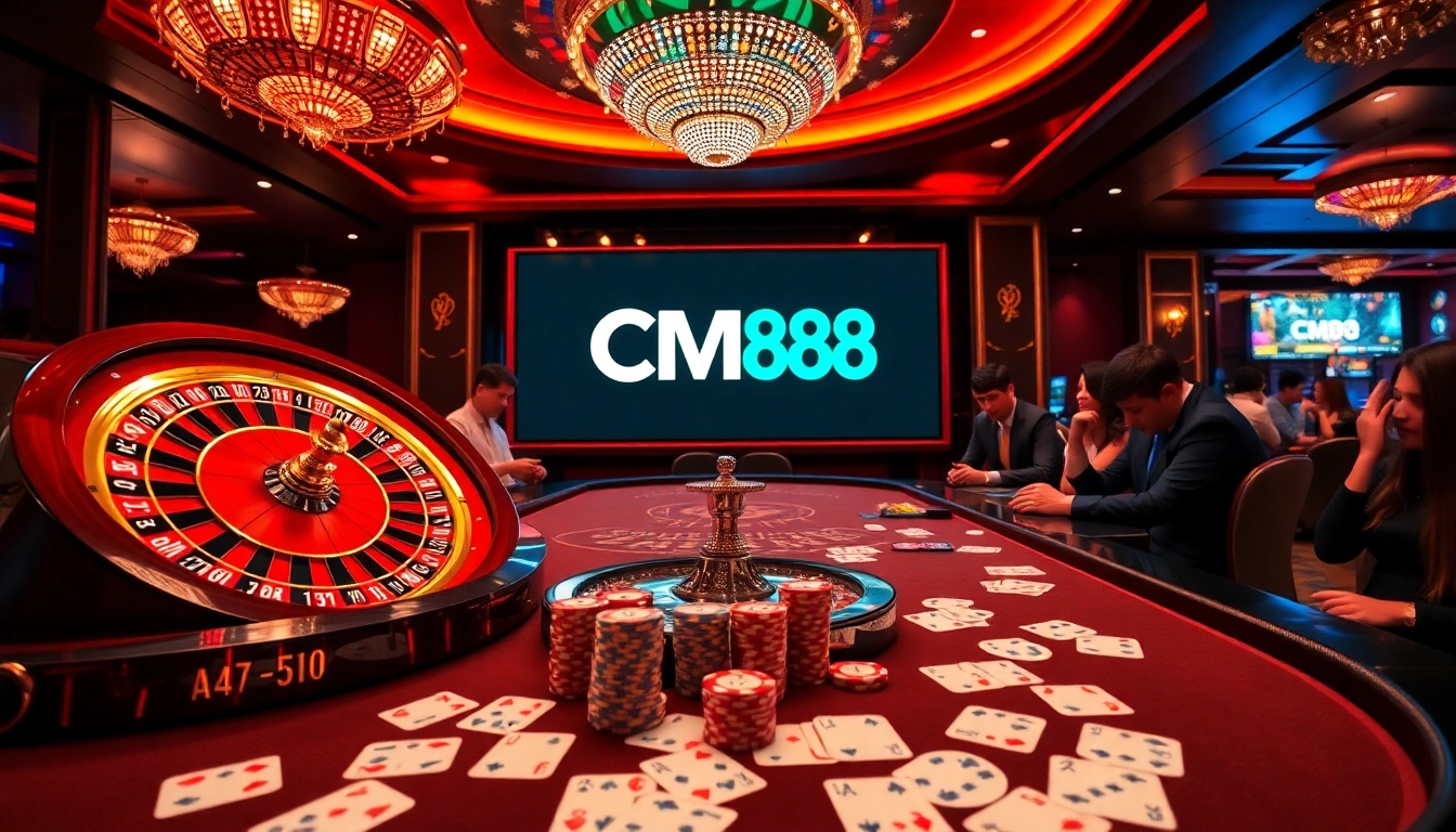 Experience the thrill of casino gaming at CM88, featuring vibrant roulette wheels and lively poker tables.