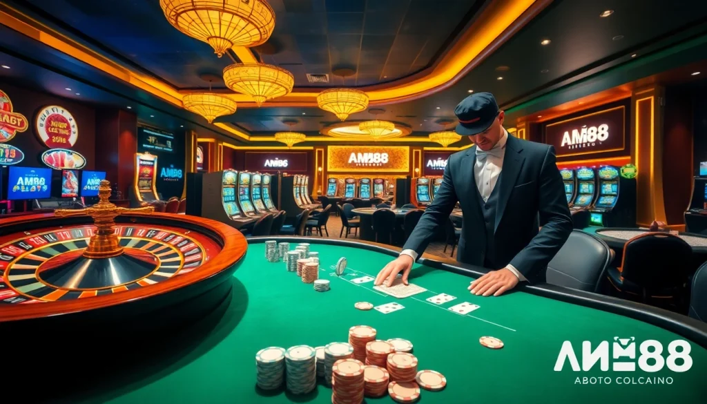 MM88 casino scene showcasing players at roulette and poker tables, vibrant gaming atmosphere.
