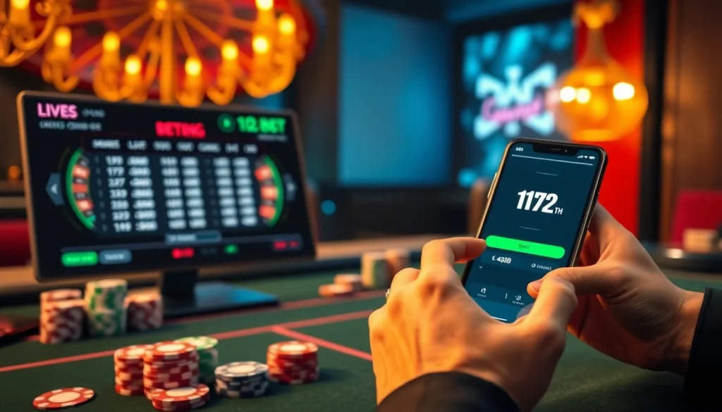 Experience the thrill of online betting with ink vao 12bet as you place bets on a smartphone surrounded by vibrant casino elements.