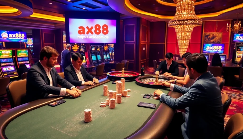 Engaging in high-stakes poker at AX88's casino, with vibrant game atmosphere and precise betting actions.