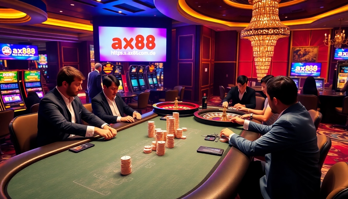 Engaging in high-stakes poker at AX88's casino, with vibrant game atmosphere and precise betting actions.
