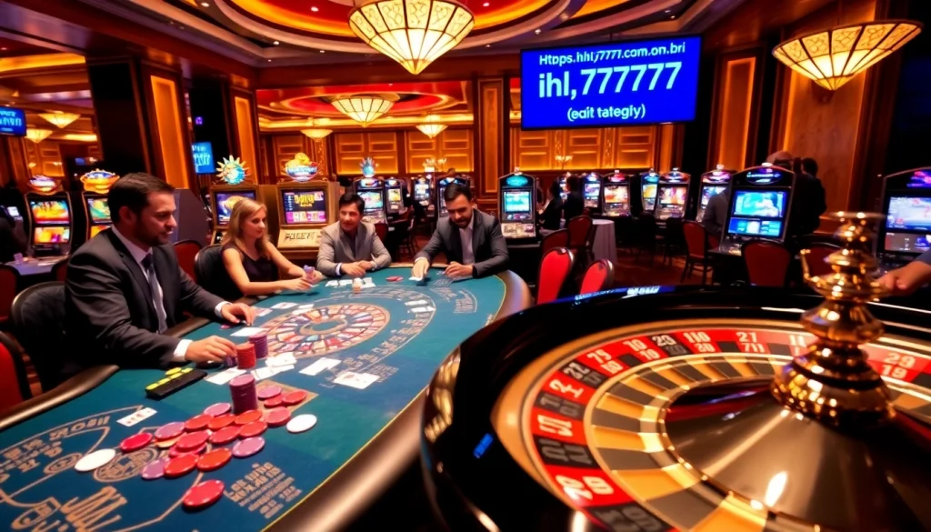Players enjoying poker at https://ih7777.com.br/ with vibrant casino decor and exciting atmosphere.