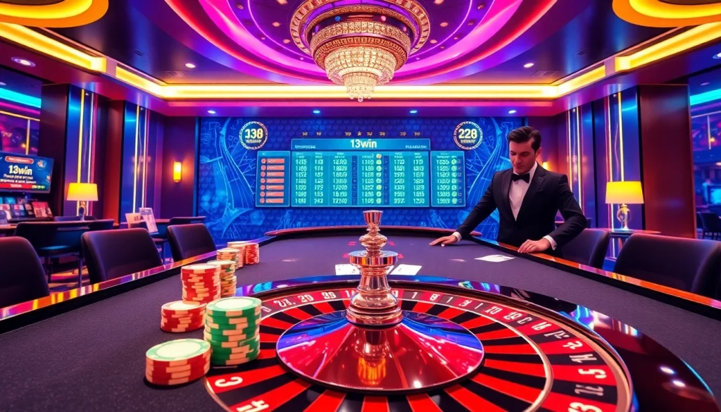 Engaging players at the 13win casino table with vibrant poker chips and elegant atmosphere.