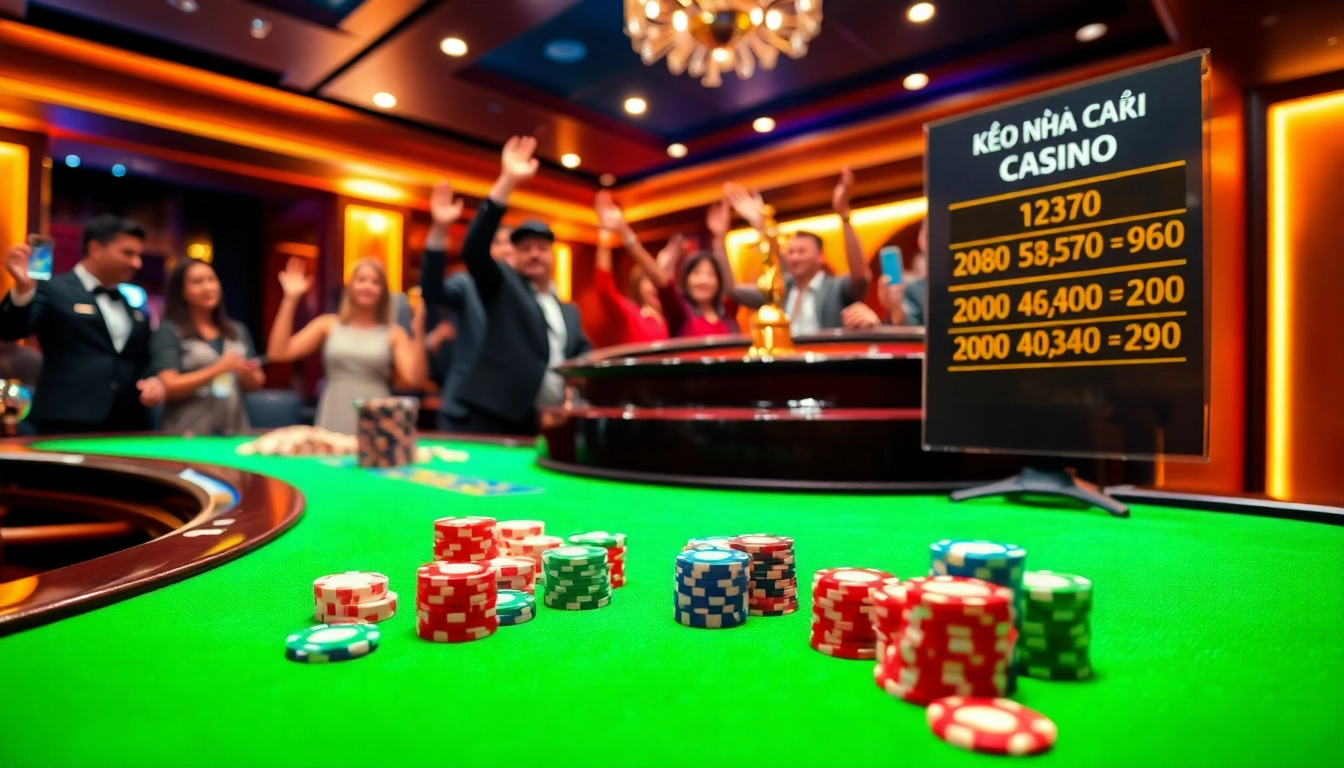 Engaging scene showing kèo nhà cái and excited gamblers at a luxury casino table.
