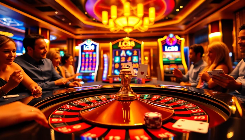 Players engaging at a vibrant lc88 roulette table in a luxurious casino setting.