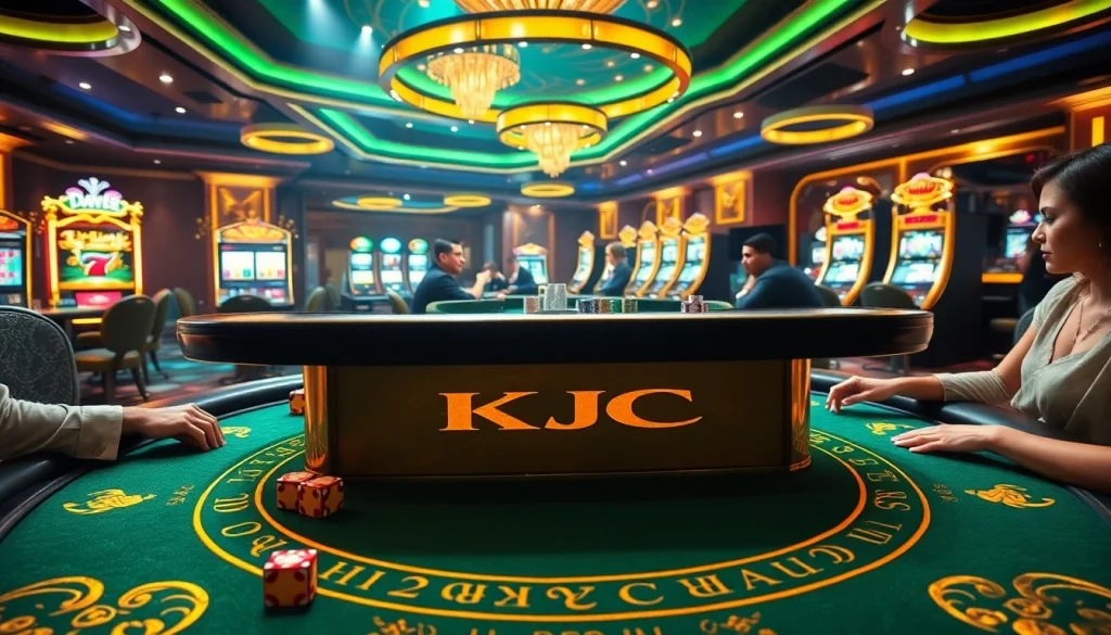 KJC poker table in a luxurious casino setting with players engaging in a high-stakes game.