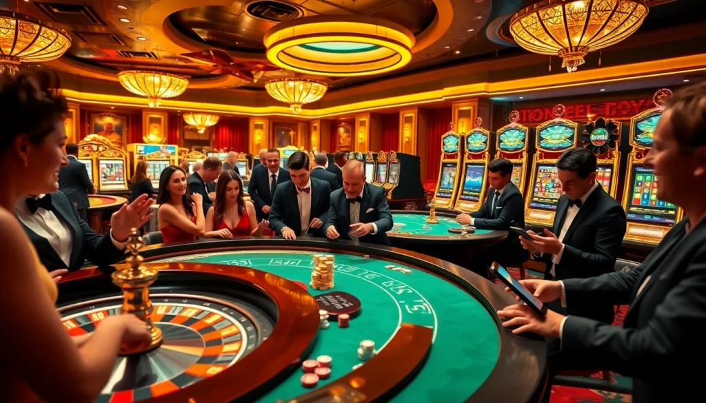 Players experiencing excitement at a luxury casino scene showcasing https://120bett.com.br/ interactive gaming options.