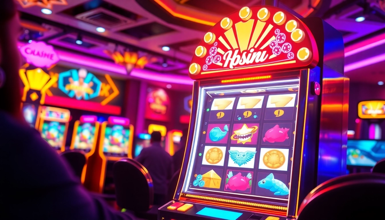 Dynamic Doaslot slot machine in a vibrant casino scene, capturing online gaming excitement.