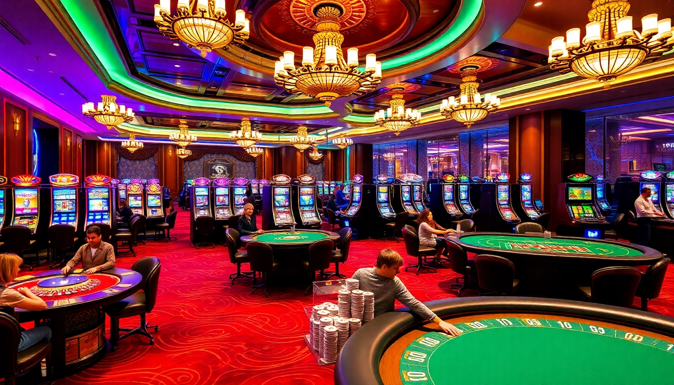 Exciting casino gaming with mm88 poker tables, vibrant slot machines, and enthusiastic players.