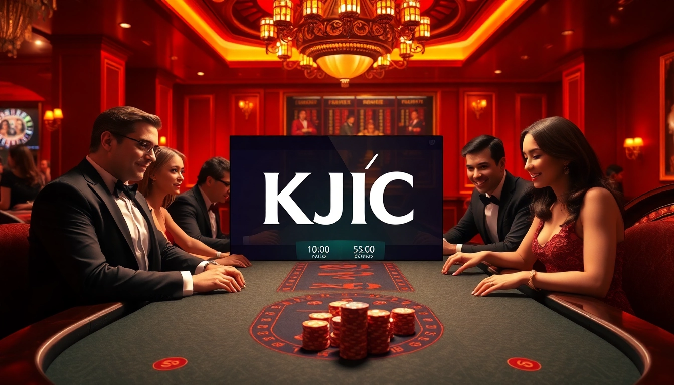 KJC casino players engaged at a poker table showcasing excitement and luxury.