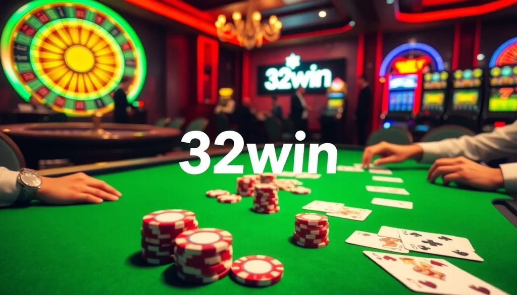 Players enjoying poker with vibrant chips and cards at a luxurious 32win casino table.