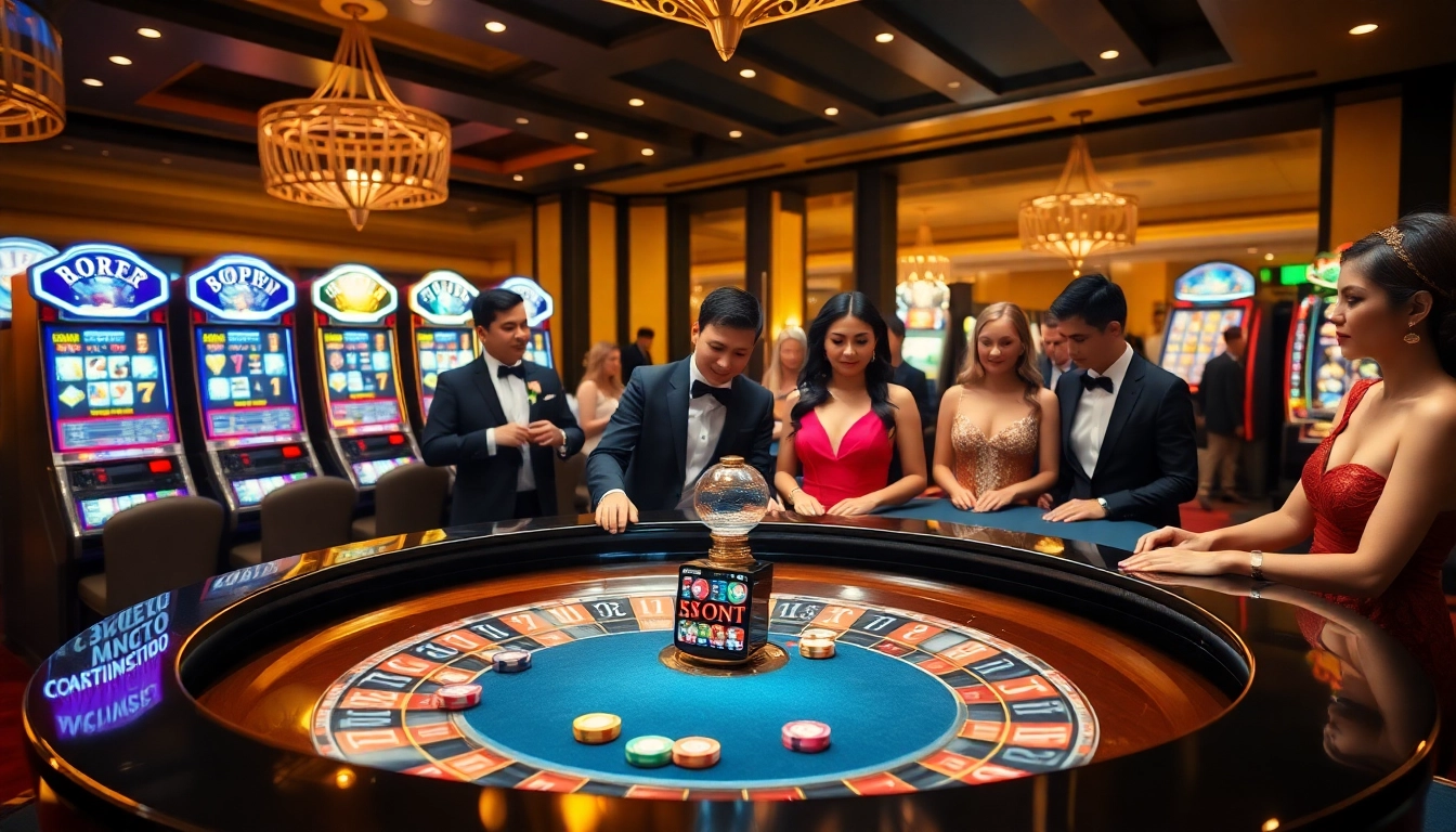 Experience the thrill of gaming at https://thabet77.sa.com/ with an elegant roulette table surrounded by excited players.