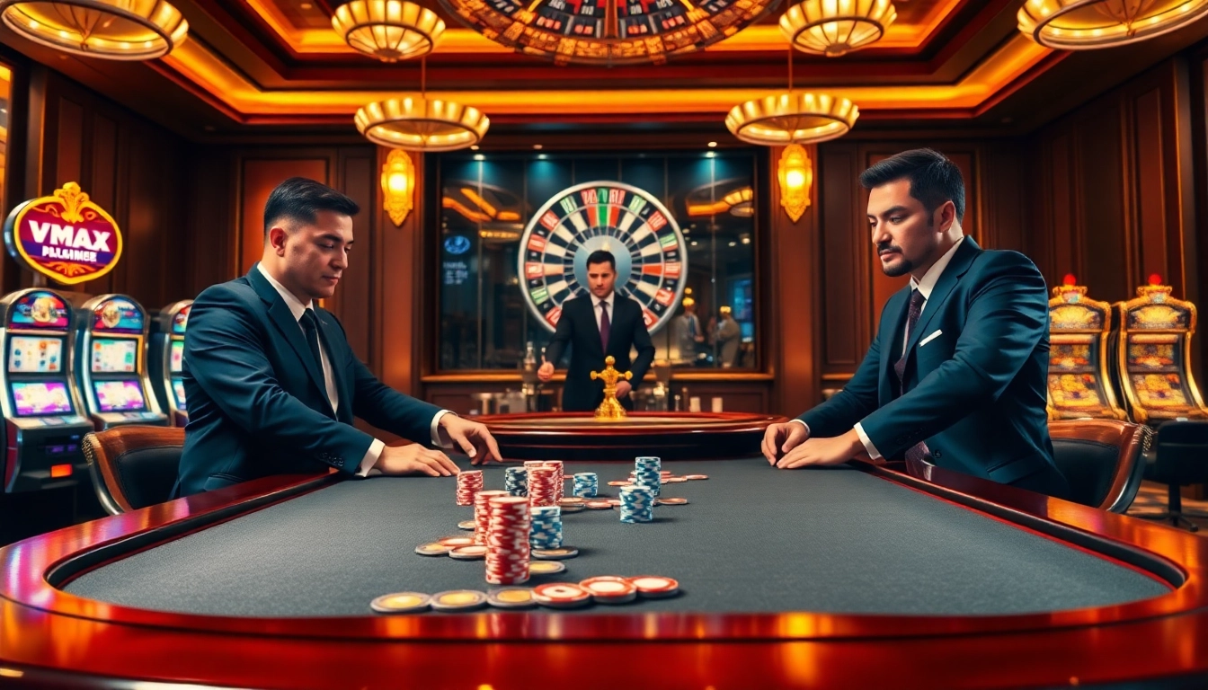 Betting excitement at Vmax casino with a luxurious poker table and roulette wheel.