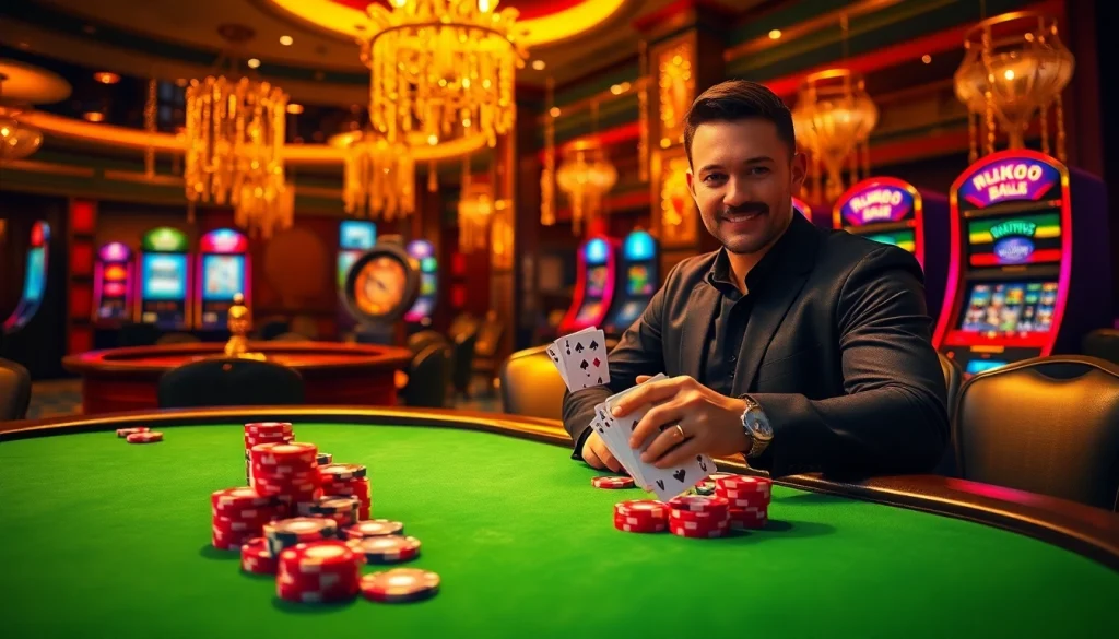 Play at Hello88, winning big at a luxurious poker table surrounded by vibrant casino elements.