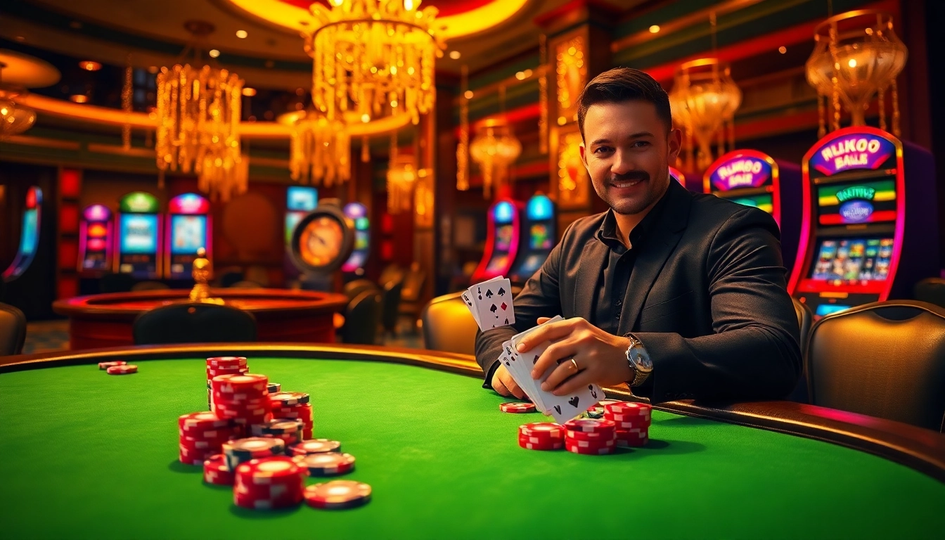 Play at Hello88, winning big at a luxurious poker table surrounded by vibrant casino elements.