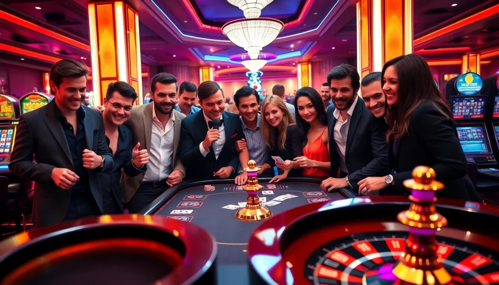 Players enjoying a thrilling game at go8.com casino with poker chips and cards.
