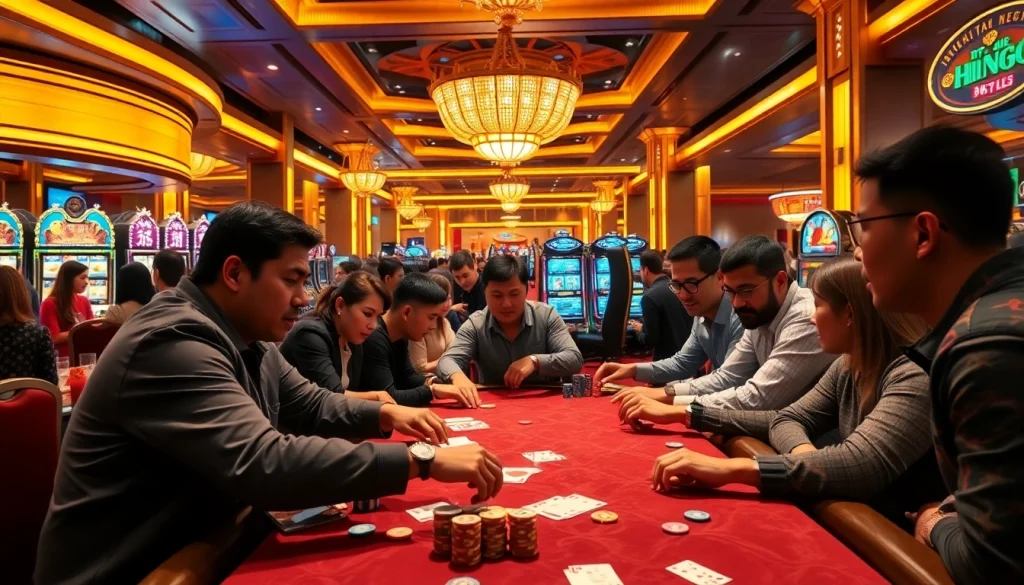 Engaged players enjoying Đá Gà Thomo BJ888 at a luxurious casino table.