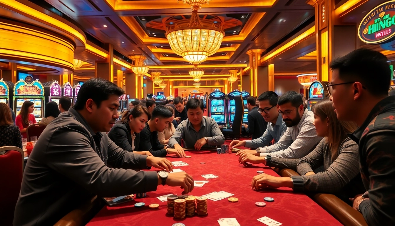 Engaged players enjoying Đá Gà Thomo BJ888 at a luxurious casino table.