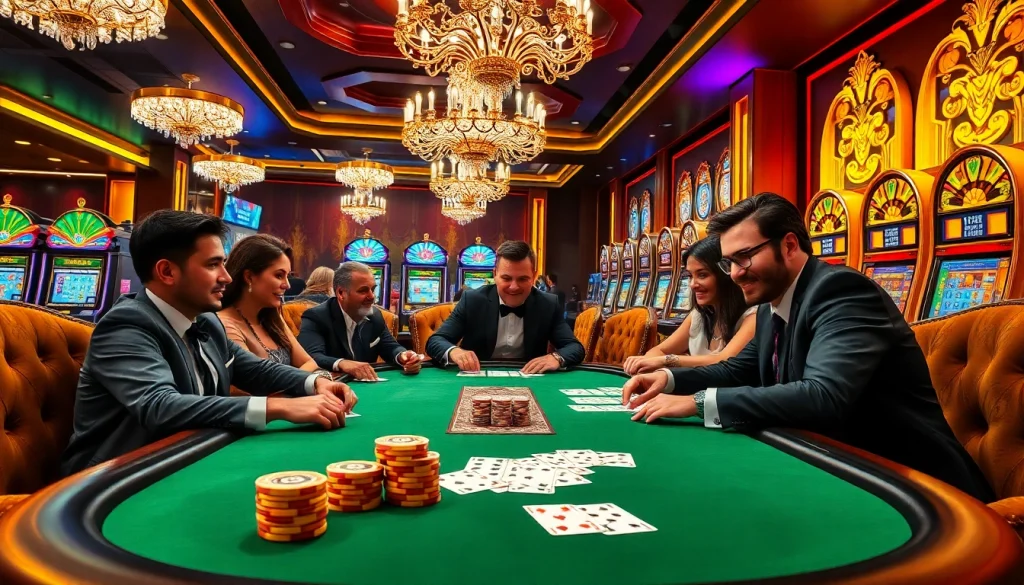 Players engaging in a strategic poker game at a luxurious casino, highlighting https://f8beta2.support/ and vibrant chips.
